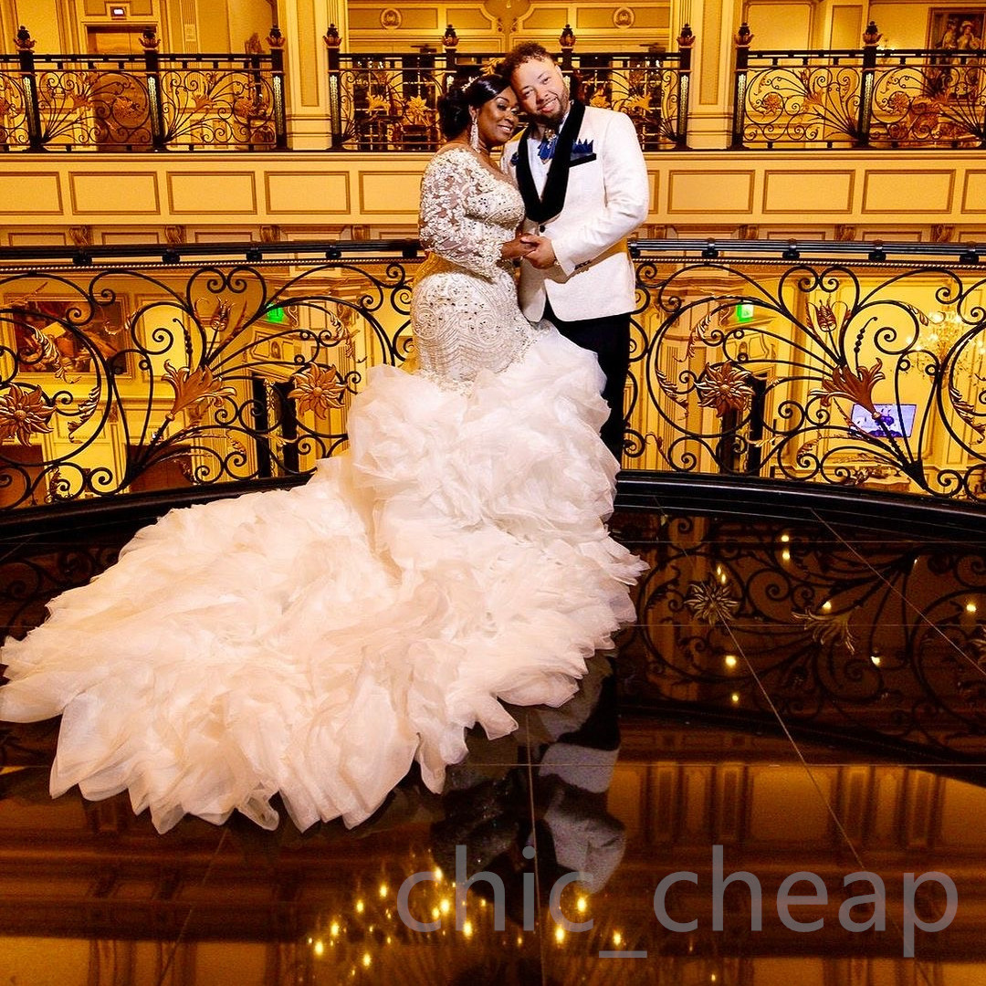 Aso Arabic Ebi Plus Size Ivory Mermaid Wedding Dresses Beaded Lace Full Sleeves Tiers Organza Vintage Elegant Bridal Gowns Dress ZJ