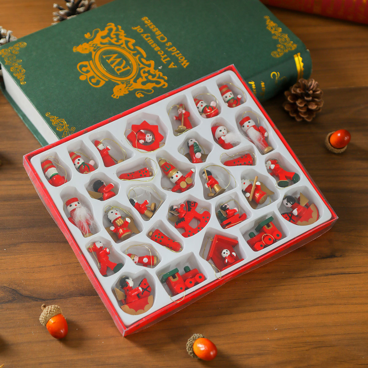 Small gifts in gift boxes, wooden decorations, pendants, accessories, small Christmas tree pendants