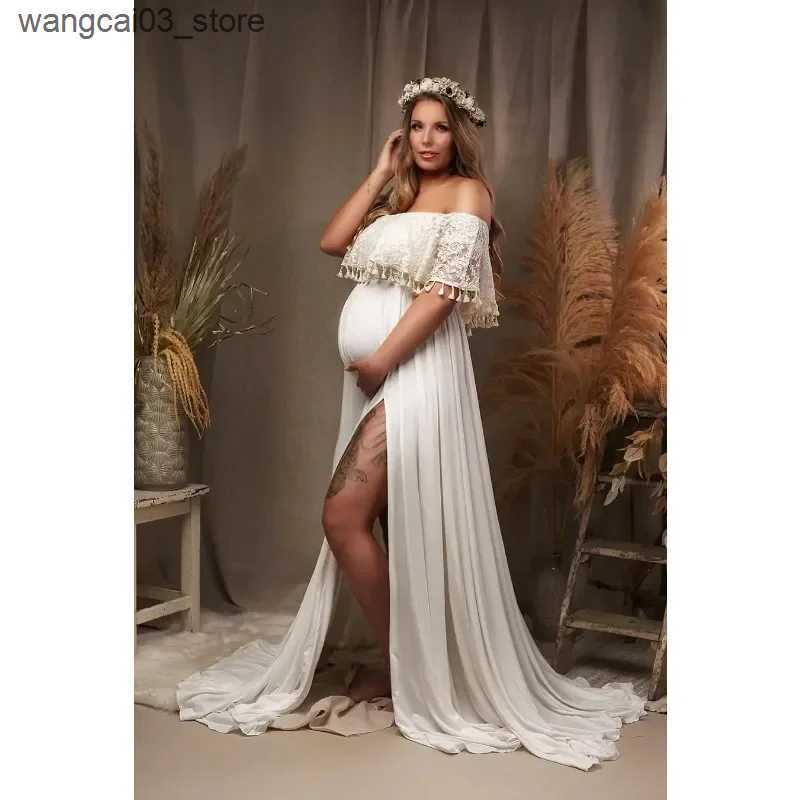 Maternity Dresses One Line Neckline Tassel Pregnant Woman Photography Dress Milk Silk Floor Mopping Pregnant Woman Photo Taking Long Dress L240910