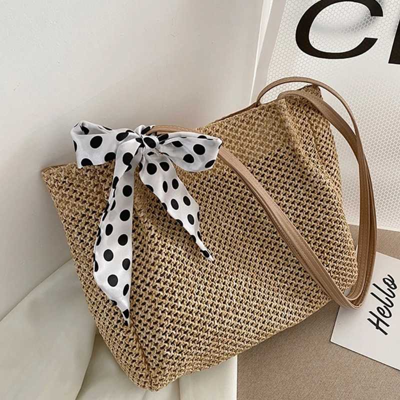 Large summer beach shoulder bag woven square with ribbon handle wallet Y241011