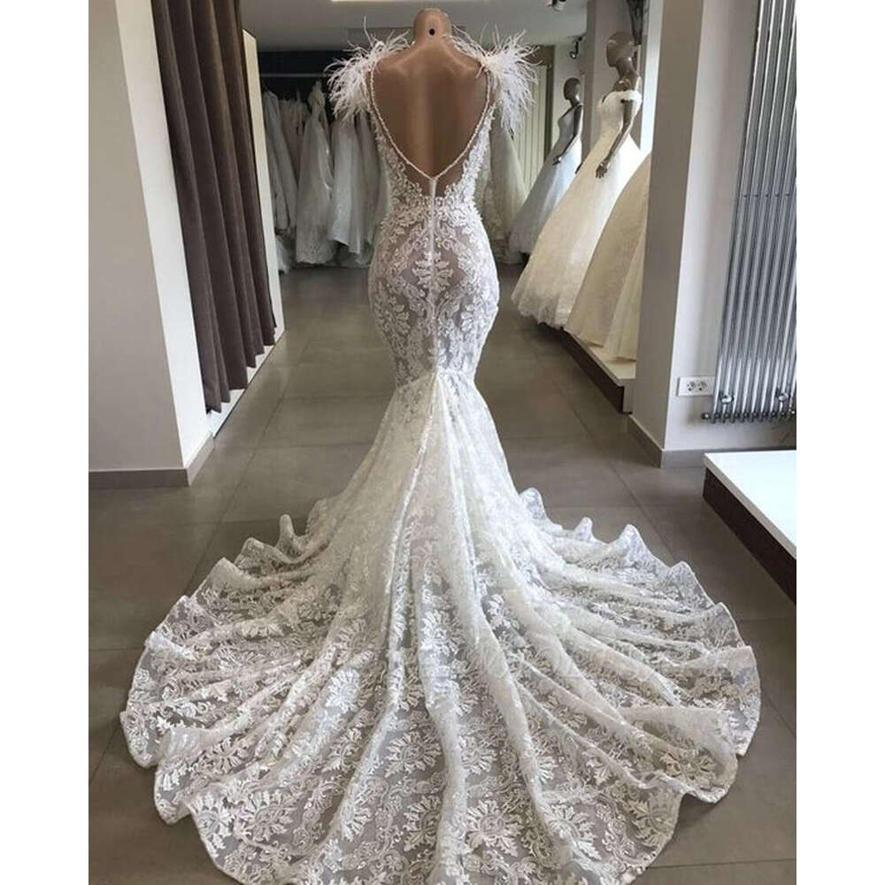 Exquisit Lace Mermaid Dress 2024 Pearls Sheer Neck Backless Cap Sleeves Wedding Bridal Dresses vestido de noiva