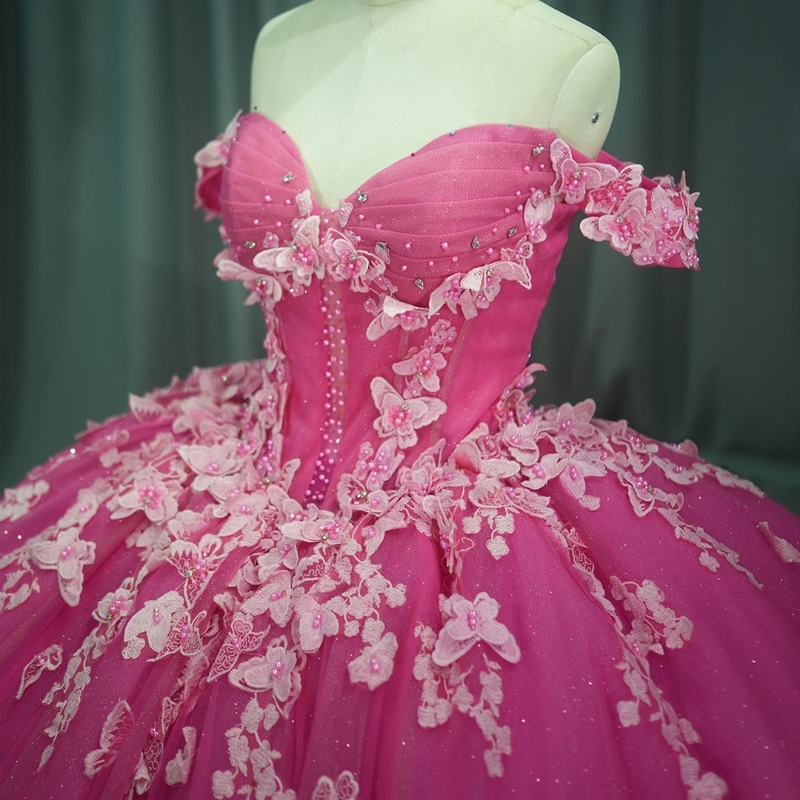 Rose Red Shiny Princess Quinceanera Dresses Off The Shoulder Bow Beads Tull Corset Chapel Train Mexico Vestido xv 15 Anos Sweet 16 Dress