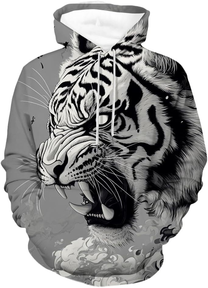 Hoodie for Mens Womens Mens Cool Animal Hoodies Fall 3D Graphic Hooded Sweatshirts Western Retro Long Sleeve Pullover Tops with Front Pocket Graphic