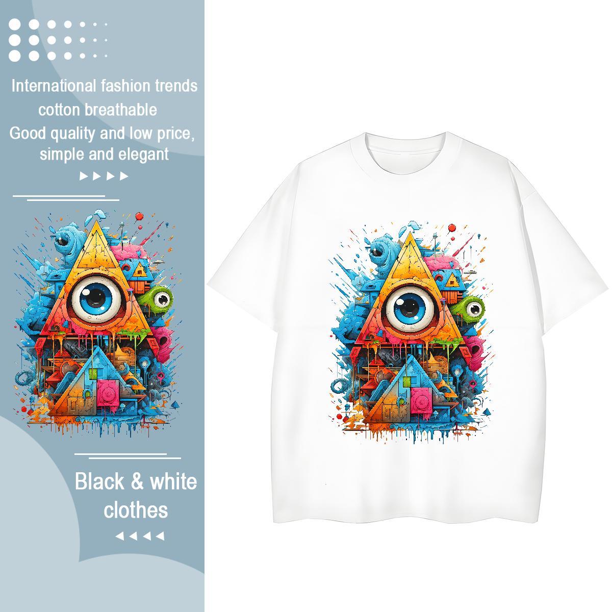 Fashion T-Shirts 230g Pure Cotton Round Neck Short Sleeve Hip Hop eye of the devil Women Tees Nice Cartoon Floral Printing Tops Shirt