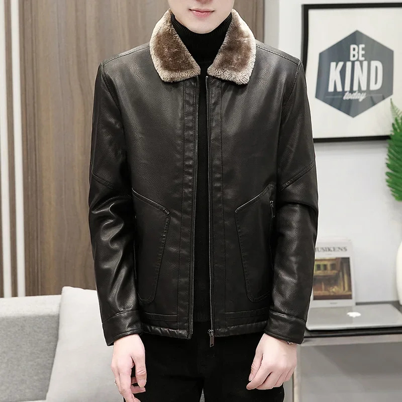 Mens artificial fur plush leather jacket mens thick wool Pu leather jacket mens casual ultra-thin windproof jacket winter velvet warm 240927