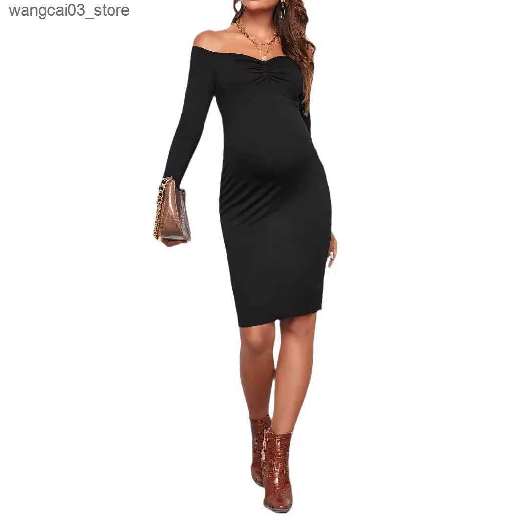 Maternity Dresses Pregnant Woman Off Shoulder Pleated Long Sleeve Jumpsuit Dress Summer American Elegant Fashion Clothes For Pregnant Maternity L24091