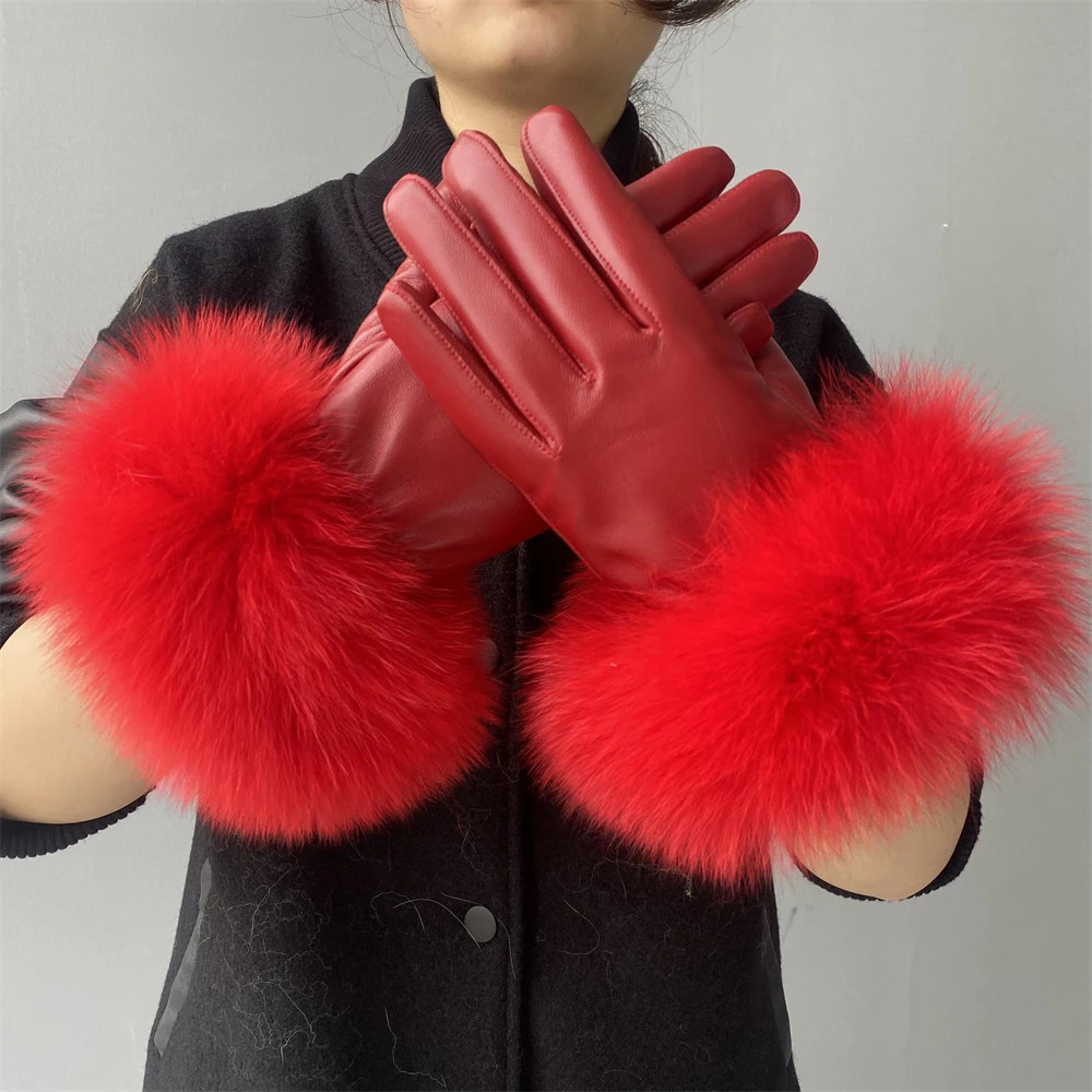 Jxwatcher Wholesale Fox Fur Gloves Real Sheepskin Glove with Natural Fur Genuine Leather Glove Winter Thicken Warm Fluffy Lining 241009
