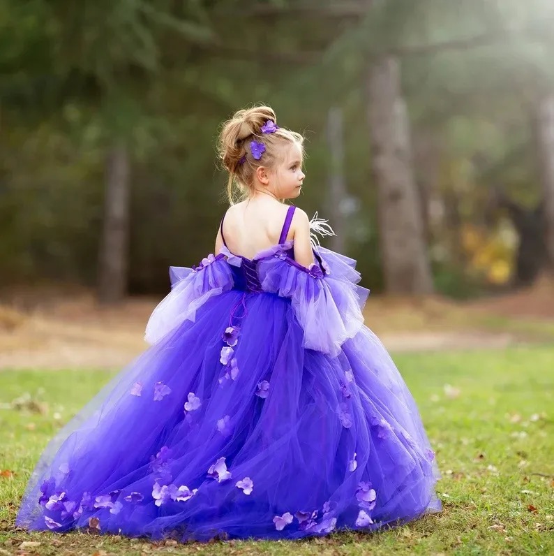 New Purple Flower Girl Dresses Ball Gown Tulle Little Girl Wedding Vintage Communion Pageant Gowns