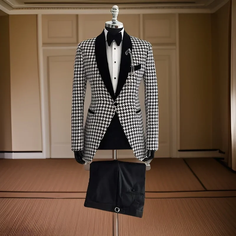 Houndstooth Suits For Men Check Wedding Groom Tuxedo Slim Fit 2 Pcs Plaid Business Fashion Blazer With Pants 2024