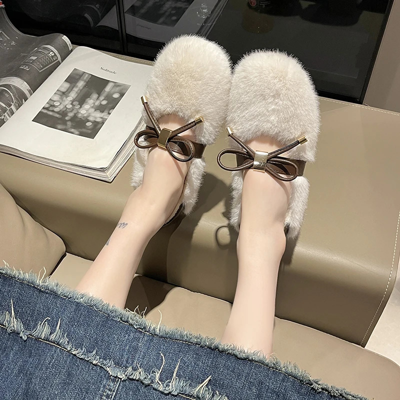 Bailamos Fashion Round Toe Wool Ballet Apartment Fur Mary Jane Shoes Womens Winter Warm Plush Coat New Unprinted Good Product 241007