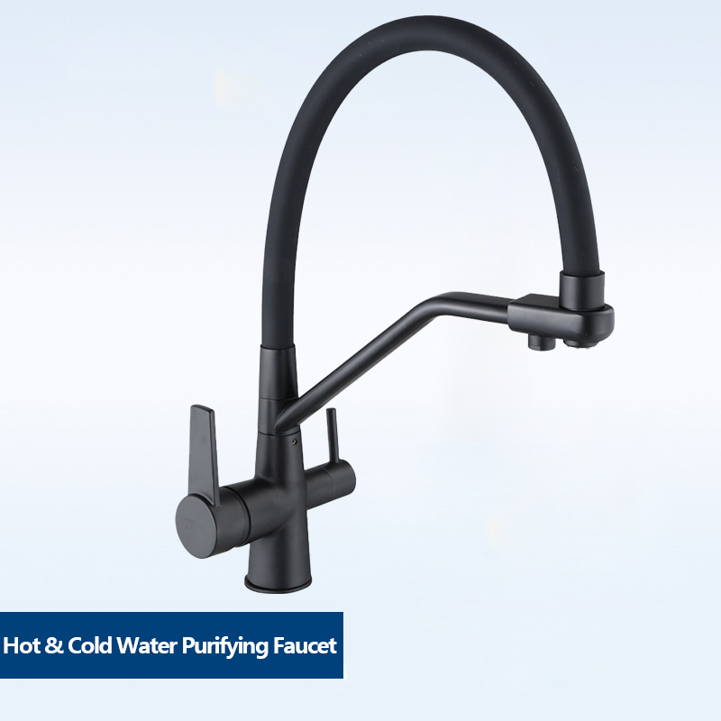 Kitchen faucet brass faucet hot and cold water faucet pure water faucet any retractable double handle faucet grey tube