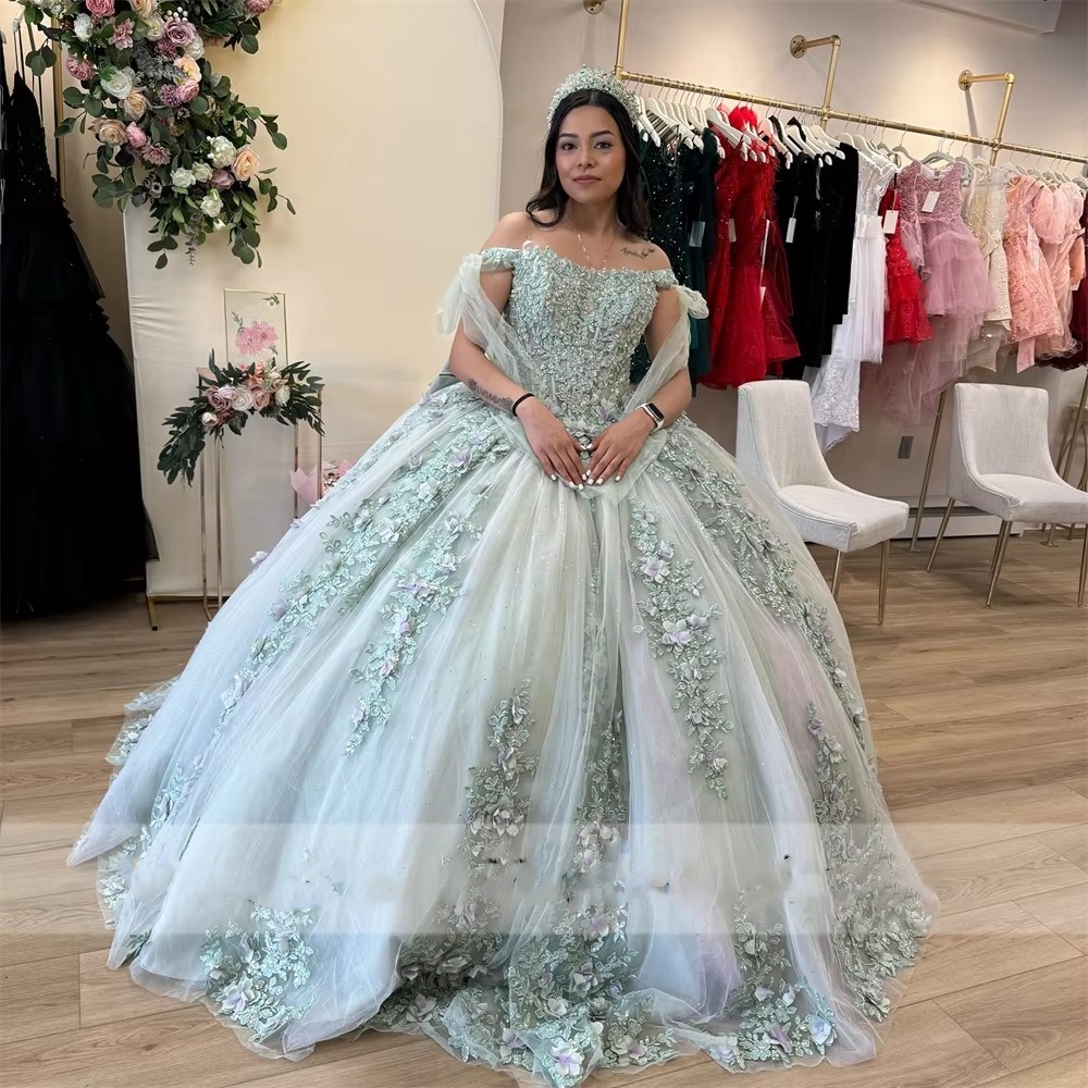 Sage Green Lace Applique Quinceanera Dress With Beaded Bow - Ball Gown For 2024 Prom, Sweet Sixteen, & Special Ocns