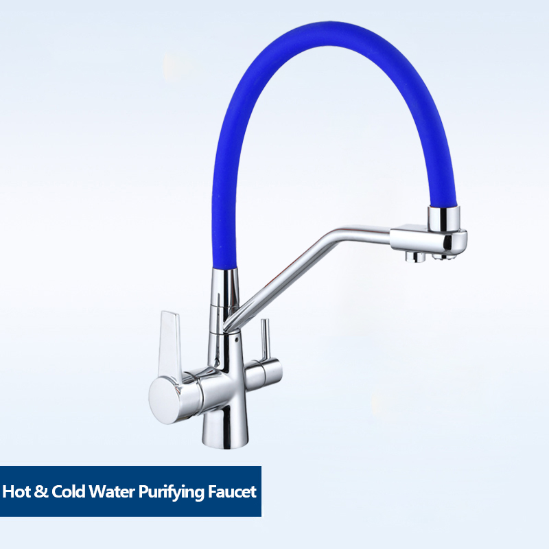Kitchen faucet brass faucet hot and cold water faucet pure water faucet any retractable double handle faucet blue tube