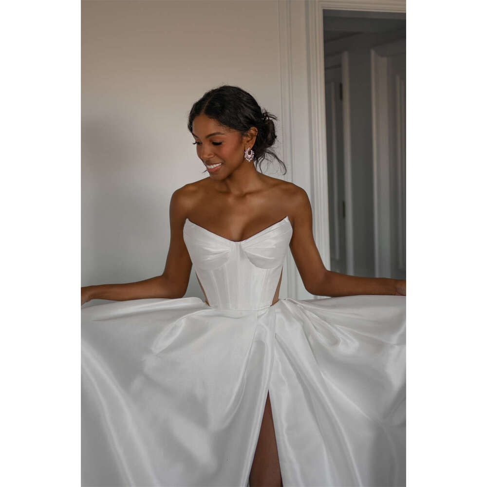 FIDDY898 Strapless Sleeveless Wedding Dresses High Quality Satin Fabric with Buttons Sweetheart Leg Split Bridal Dress C137