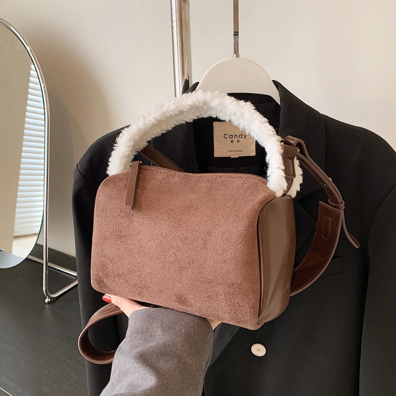 Winter Warm Wool Womens Handle Clutch Bag Retro Suede Leather Horizontal Bag Mini Handbag and Wallet Bolsa Feminina 240925