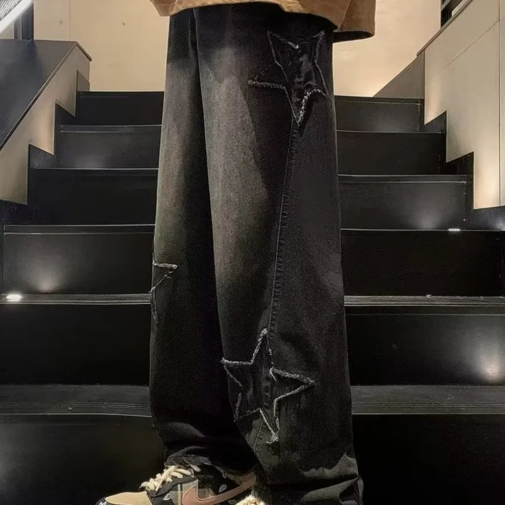 Star Embracery Straight Casual Mens Jeans Gothic Neutral Wide Leg Loose Hip Hop Fashion Youth Street Clothing Cowboy Trousers Y2K 240930