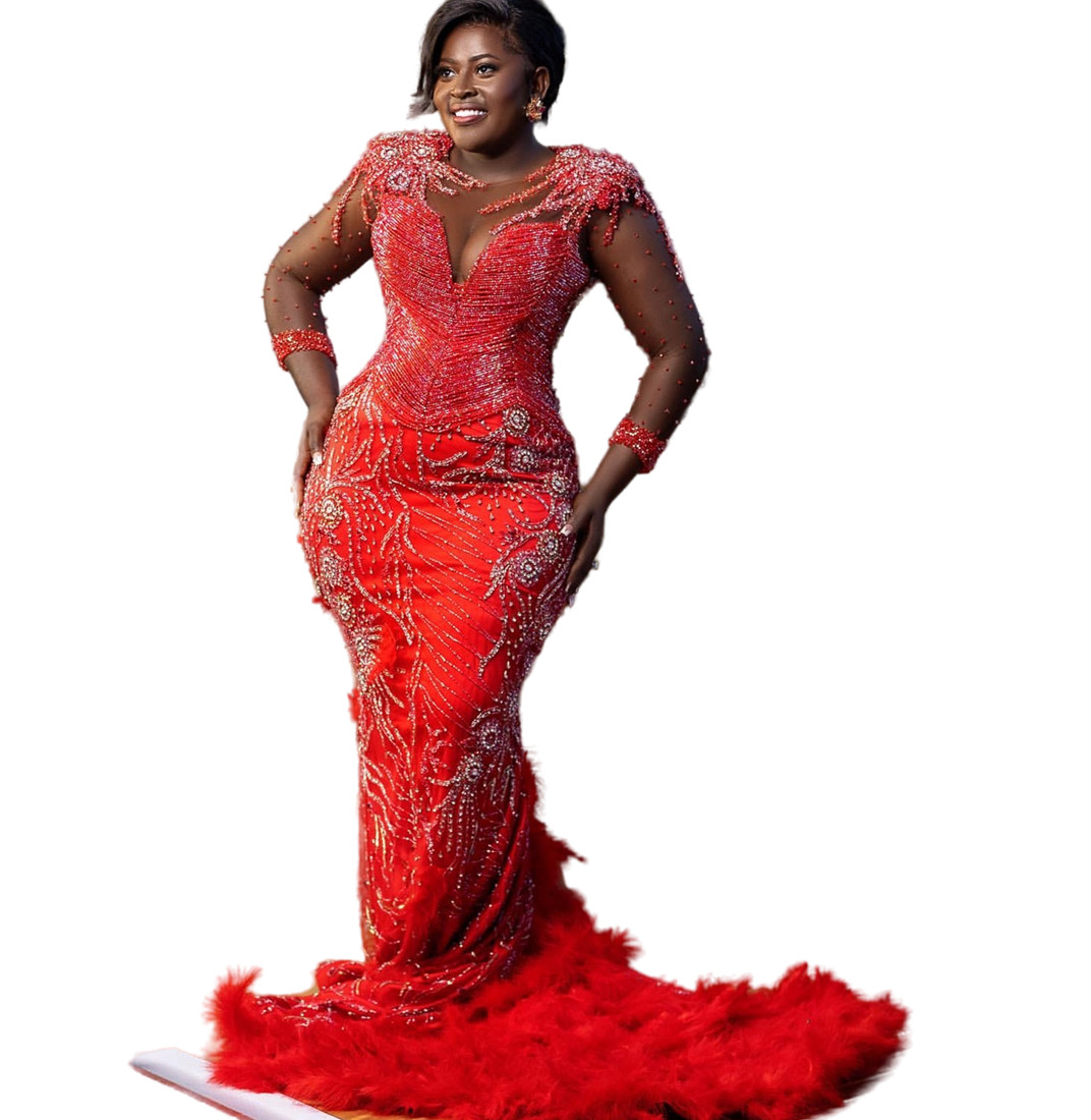 Aso Ebi 2024 Red Prom Dresses Rhinestones Beaded Feather Sequined Evening Formal Sheer Neck Party Second Reception Birthday Gowns Dress For Special Oc