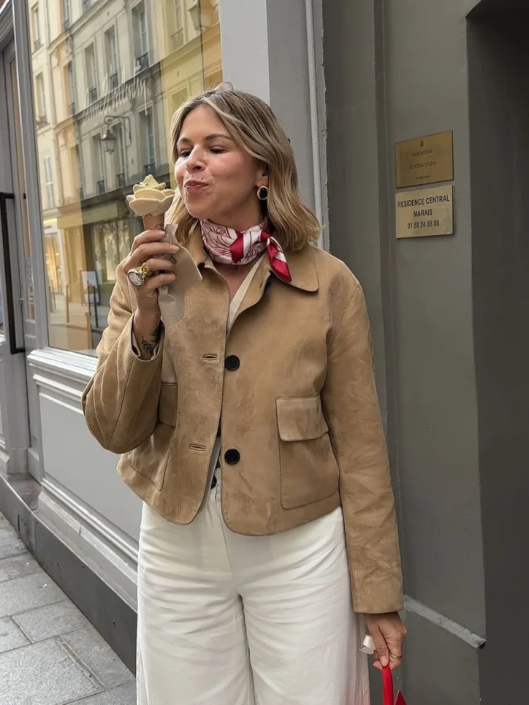 Fashion suede long sleeved Cropped jacket for womens casual lapel single chest pocket jacket autumn womens streetwear 240930