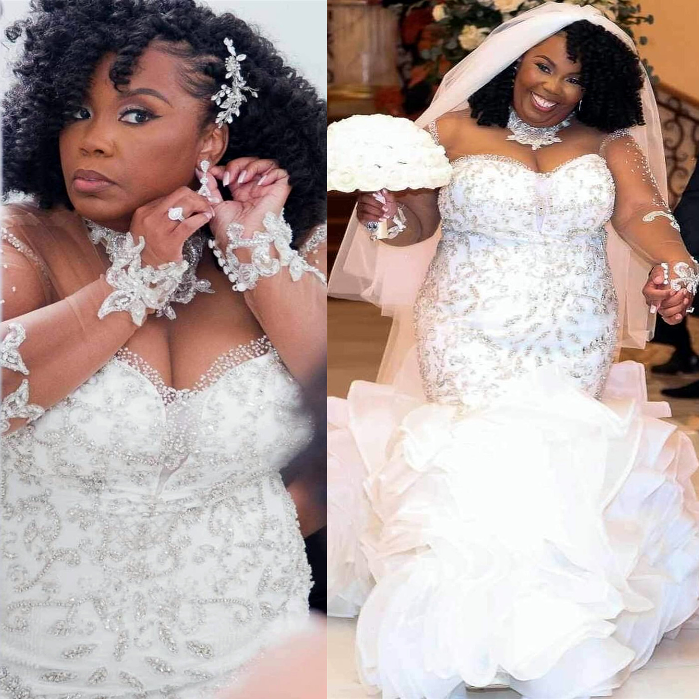 2024 Arabic Aso Ebi Plus Size Off White Mermaid Wedding Dresses Beaded Rhinestones Lace Full Sleeves Organza Vintage Elegant Bridal Gowns Dress ZJ64