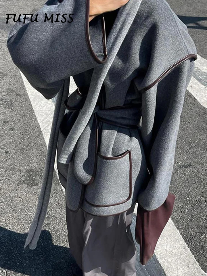 Elegant Contrast Loose Womens Coat With Belt Vneck Long Sleeve Pockets Casual Oversize Coats 2024 Autumn Lady Street Outerwear 240930
