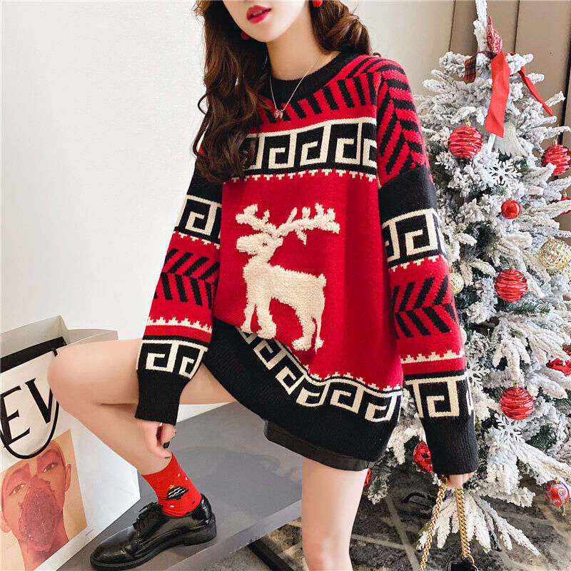 Christmas sweater for autumn winter 2023 short sleeved new deer pullover, internet famous loose and lazy style knitted top
