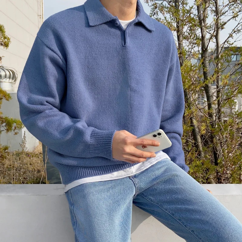 IEFB Korean Fashion Chic Lapel Pullover Knitting Tops Mens Autumn Winter Loose Long Sleeve Sweater Vintage Kinttwear 241007