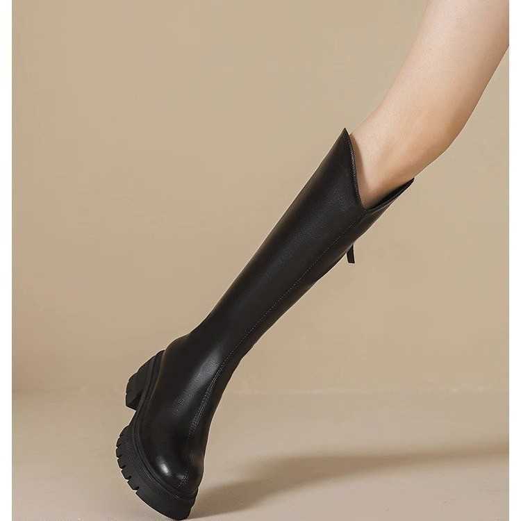 Skinny Martin Boots For Women Autumn Winter Slim Fit Thick Heel Fashion Boots Thick Sole The Knee Simple Design Trendy Knight Boots 240826