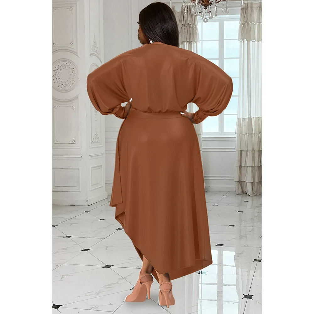 Plus Size Womens Everyday Dress Brown V Neck Long Sleeve Irregular Spring and Summer Satin Cinched Waist Maxi 241010