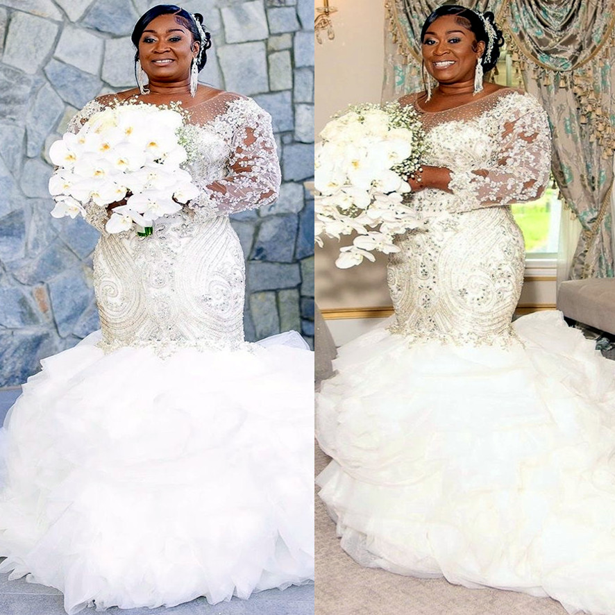 Aso Arabic Ebi Plus Size Ivory Mermaid Wedding Dresses Beaded Lace Full Sleeves Tiers Organza Vintage Elegant Bridal Gowns Dress ZJ
