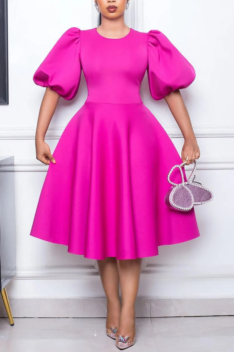 Plus Size Black Casual Womens Dress O Neck Puff Sleeve A Line Round Slim Fit Midi Formal 241010