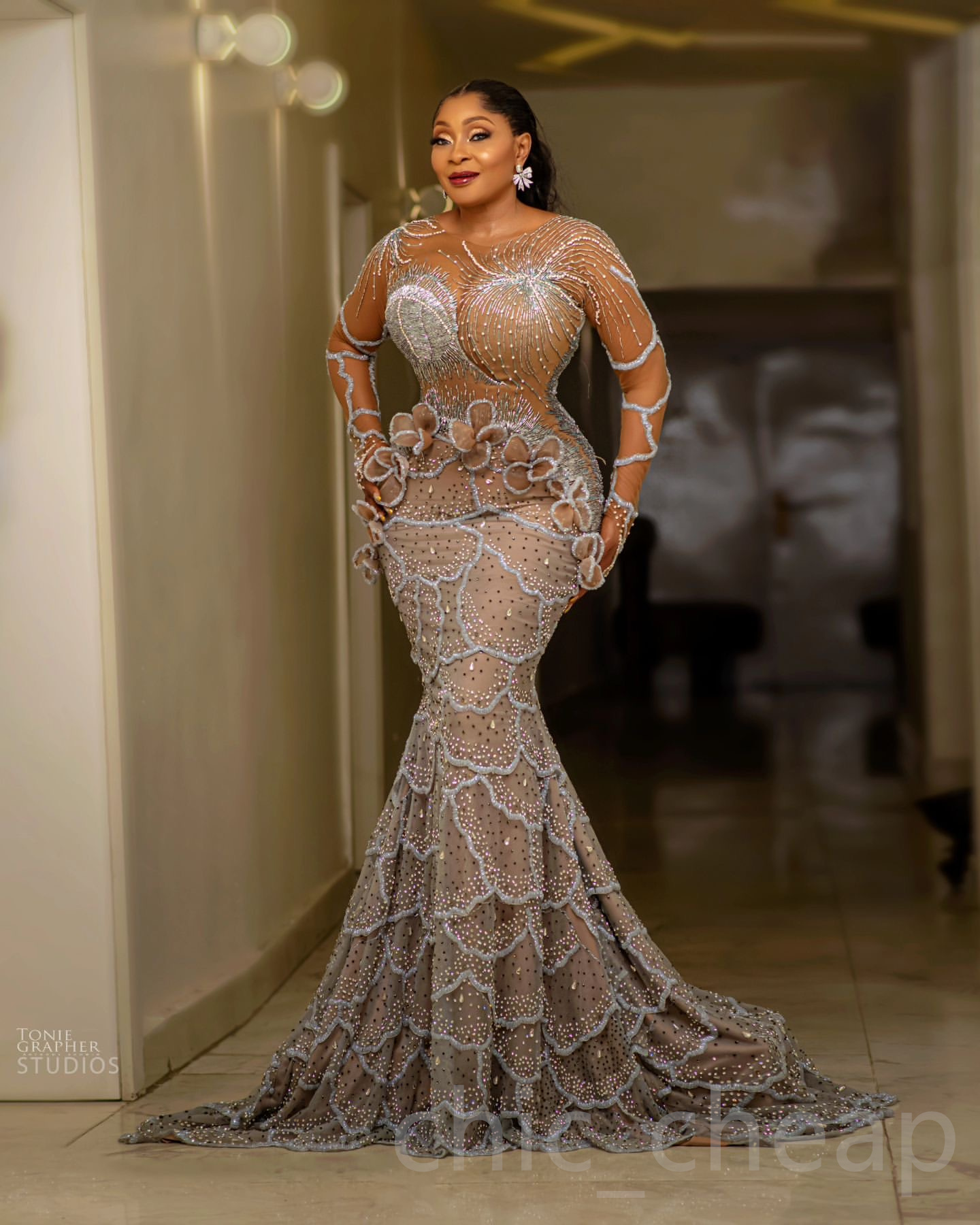 Aso Ebi 2024 Champagne Illusion Mermaid Prom Dresses Lace Rhinestones Flowers Evening Formal Party Second Reception Birthday Gowns Dress For Special O
