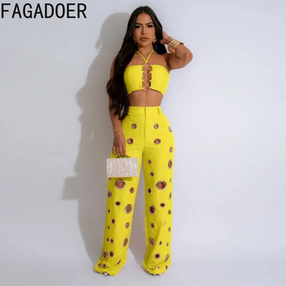 FAGADOER sexy solid hole wide leg pants streetwear womens sleeveless backless crop top and twopiece set 241008
