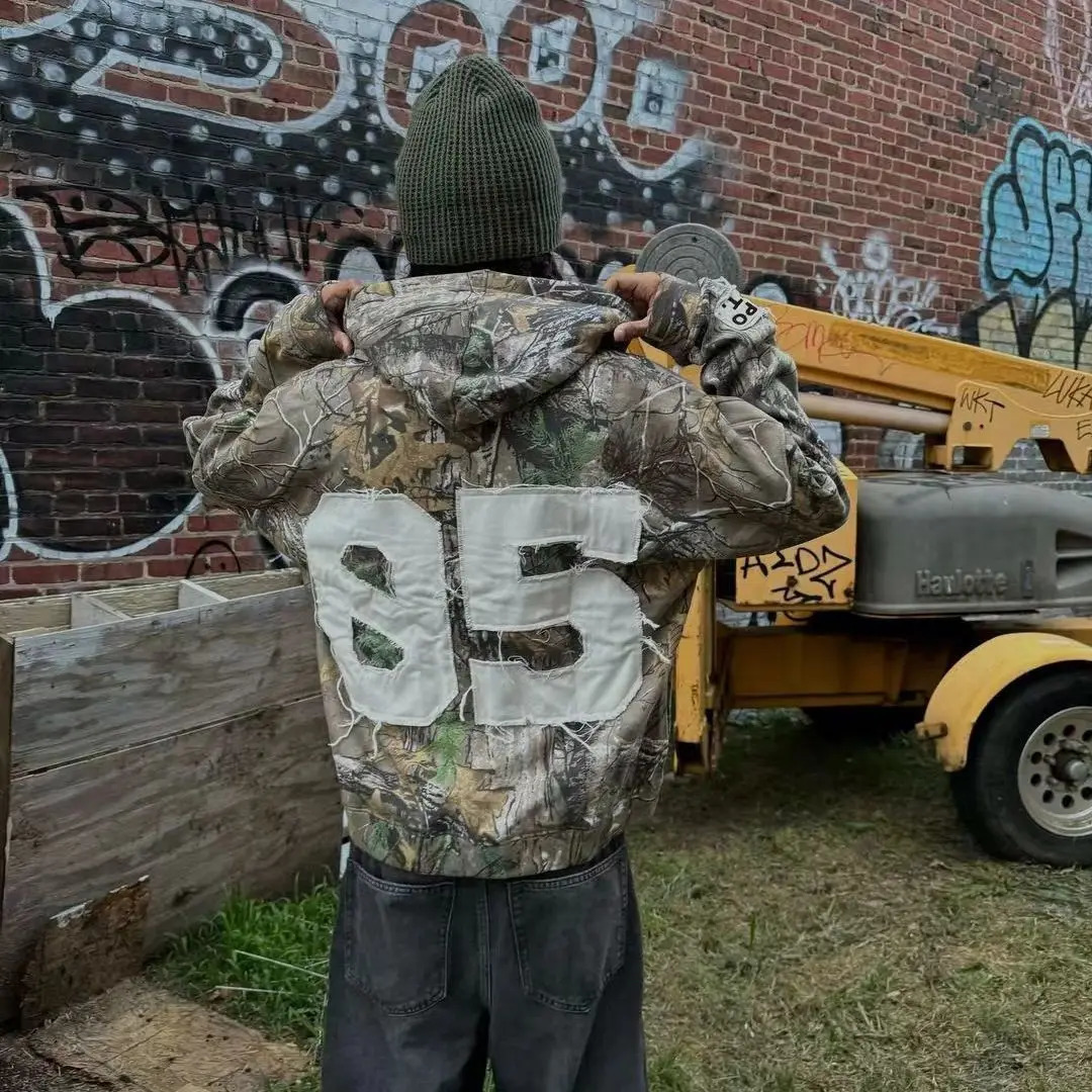 Y2k Retro Camouflage Cardigan Zipper Hoodie Trend Men Women Loose Jacket American Vintage Versatile Letter Embroidery Streetwear 241008