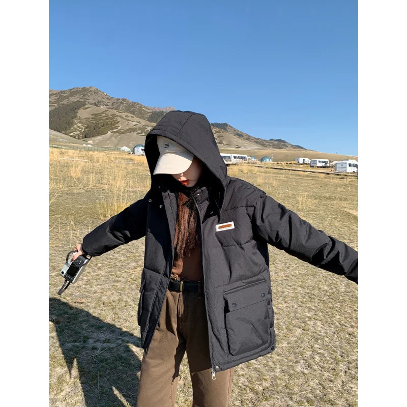 Black down jacket womens coat white hooded fashion American streetwear Y2K style duck down jacket womens winter short jacket 241009