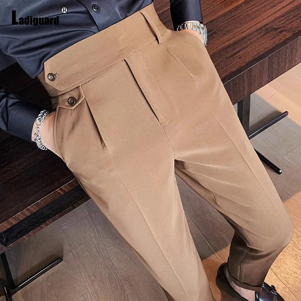 Mens elegant formal suit pants for weddings solid color khaki standing pocket Trouser Naples Italy fashion button Up 241010