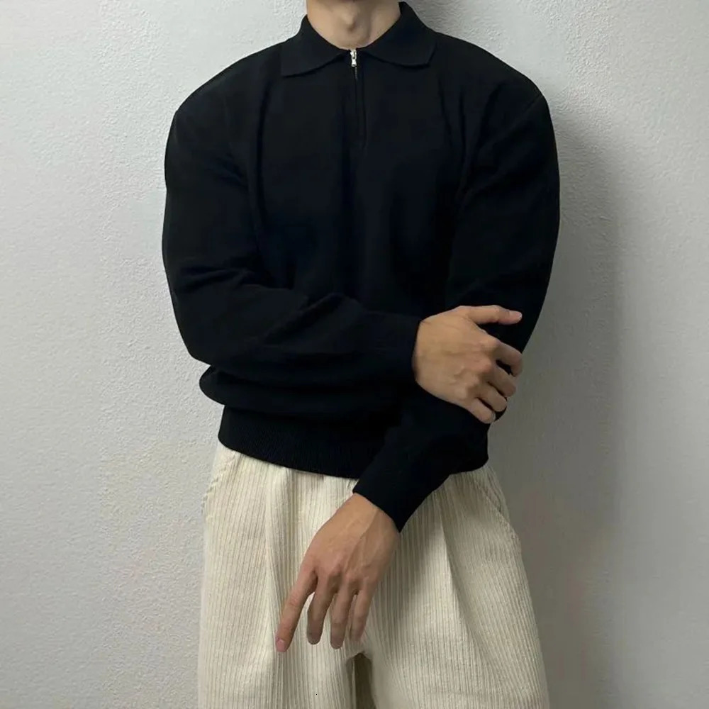 Mens Pullover Polo Korean Retro Preparatory Style Long Sleeve Mini Relaxing Fit Classic Retro workwear Autumn Top 240927
