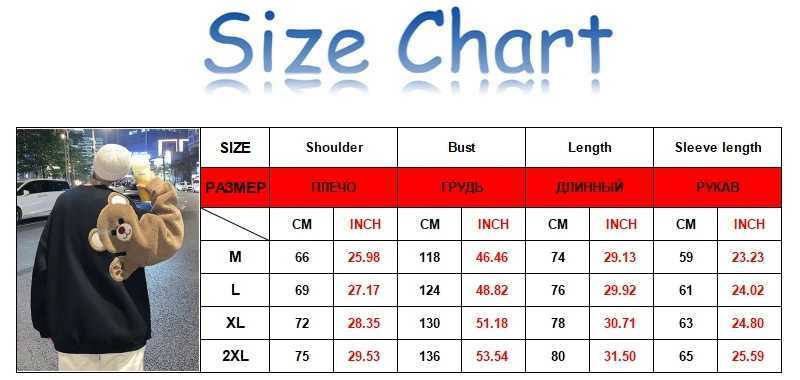 Y2K Mens Cartoon Bear Patchwork Couple Oversized Black Sweatshirts Warm Casual Winter Tops Men Women Loose Sweatshirt Techwear LX241011