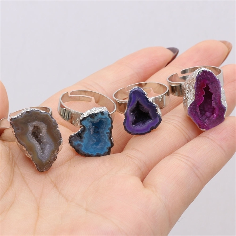Natural Stone Ring Zinc Alloy Agate Crystal Cluster with Adjustable Size for Ladies Fashion Jewelry Gifts 240906