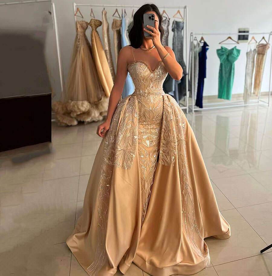 2024 Champagne Arabic Evening with Detachable Train Crystals Lace ral Mermaid Celebrity Party Prom Dress