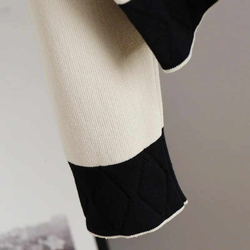 Casual womens twopiece spring autumn almond black Vneck solid cardigan and high waisted pants set 241008