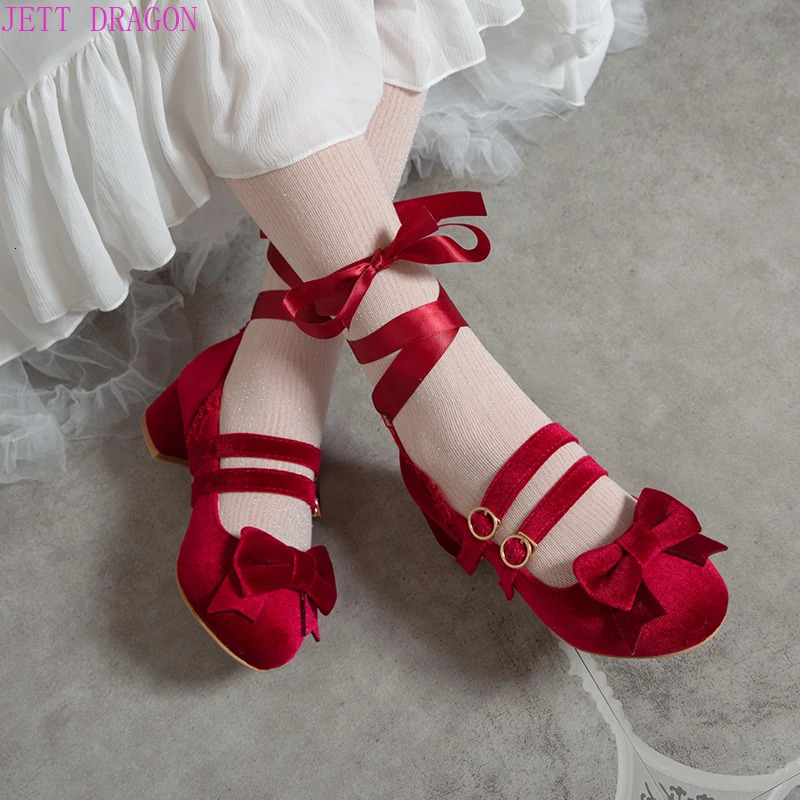 2025 new Spring Autumn Women Pumps Lolita Platform High Heels Red Lace Mary Jane Bow Block Heel Ladies Party Shoes 240927