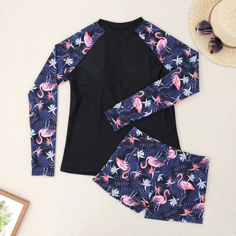 2024 New Split Women's Conservative Sports Long Sleeved Printed Panel Surfing Swimsuit
