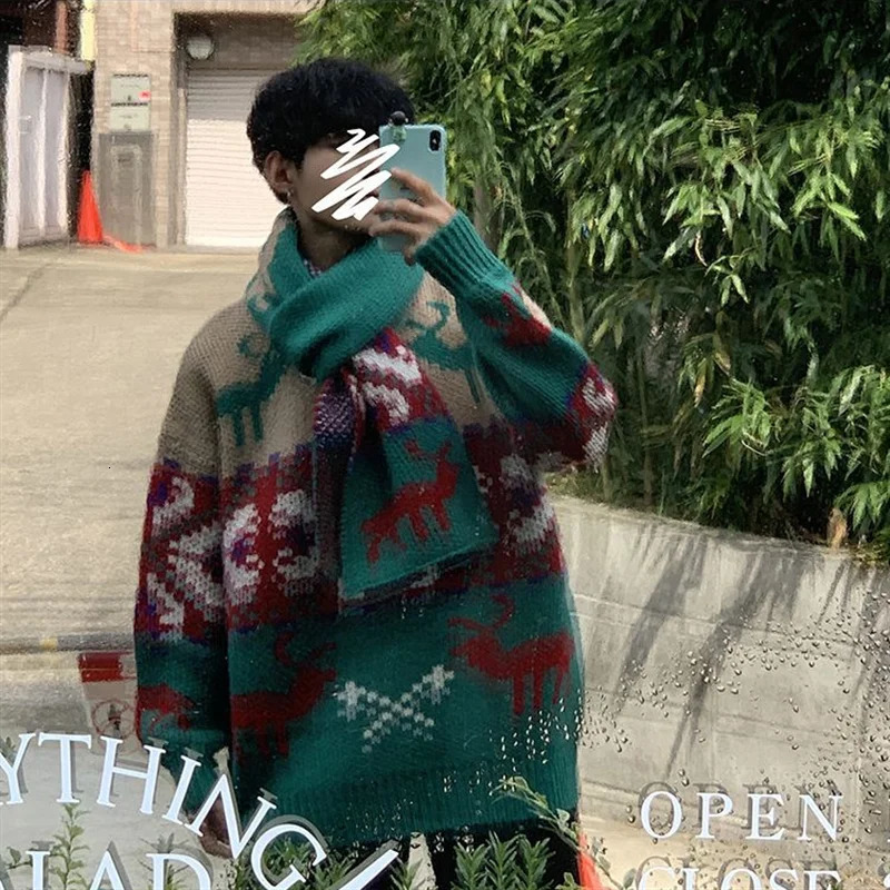 Thick Winter Sweater Mens Red O-neck Pullovers Fashion Christmas Lovers Sweater Japan Casual Loose Preppy Style Male Pullovers 241009