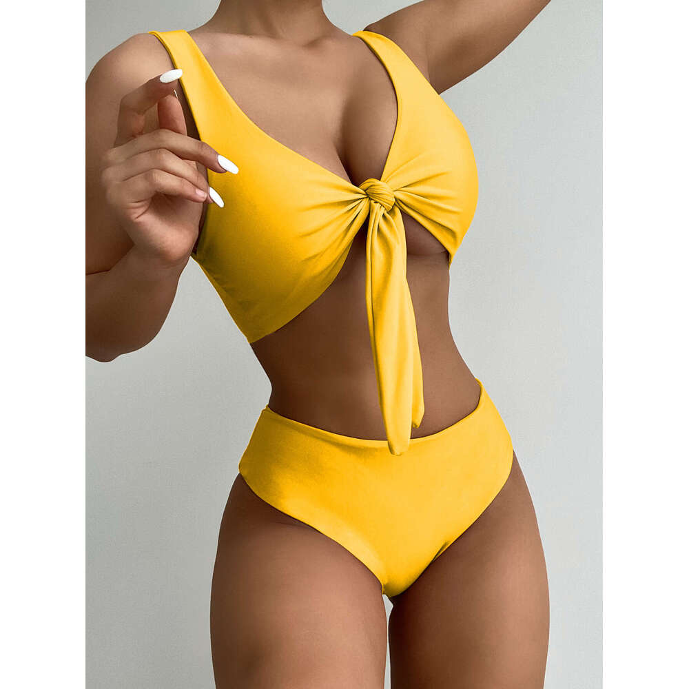 2023 New Swimsuit, Tight Fitting Backless Bikini, Women's Sexy High Waisted Solid Color Bikini