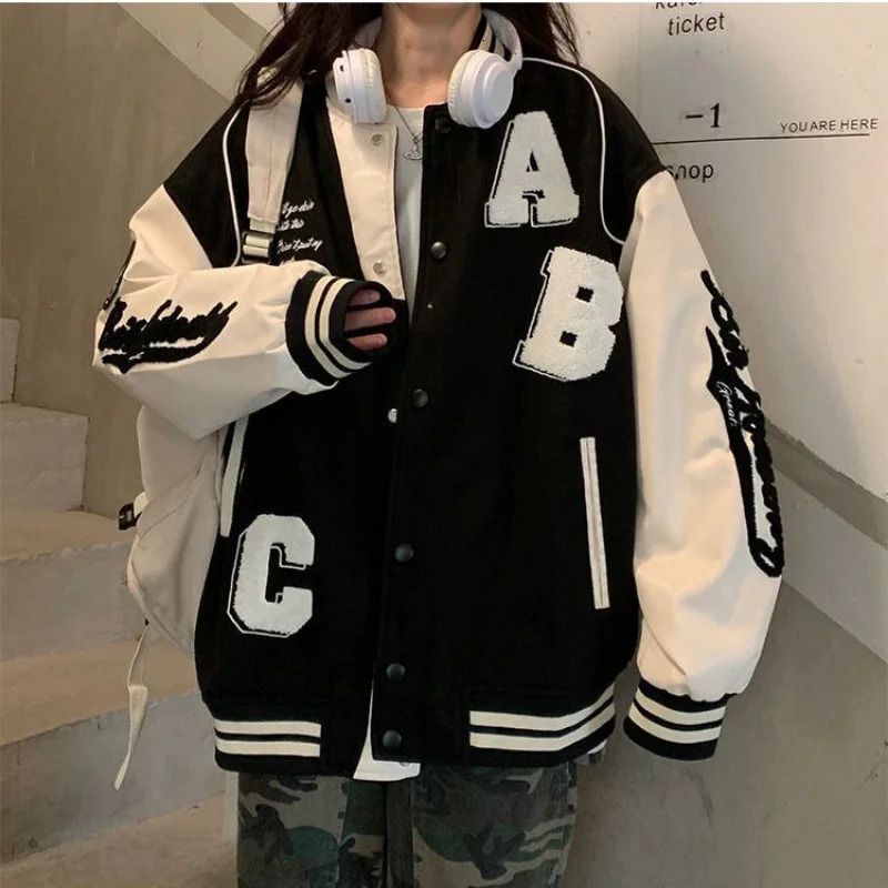 Retro Bomber Jacket Womens Harajuku Fashion College Uniform University Baseball Jacket Womens Over Y2k Street Clothing 241011