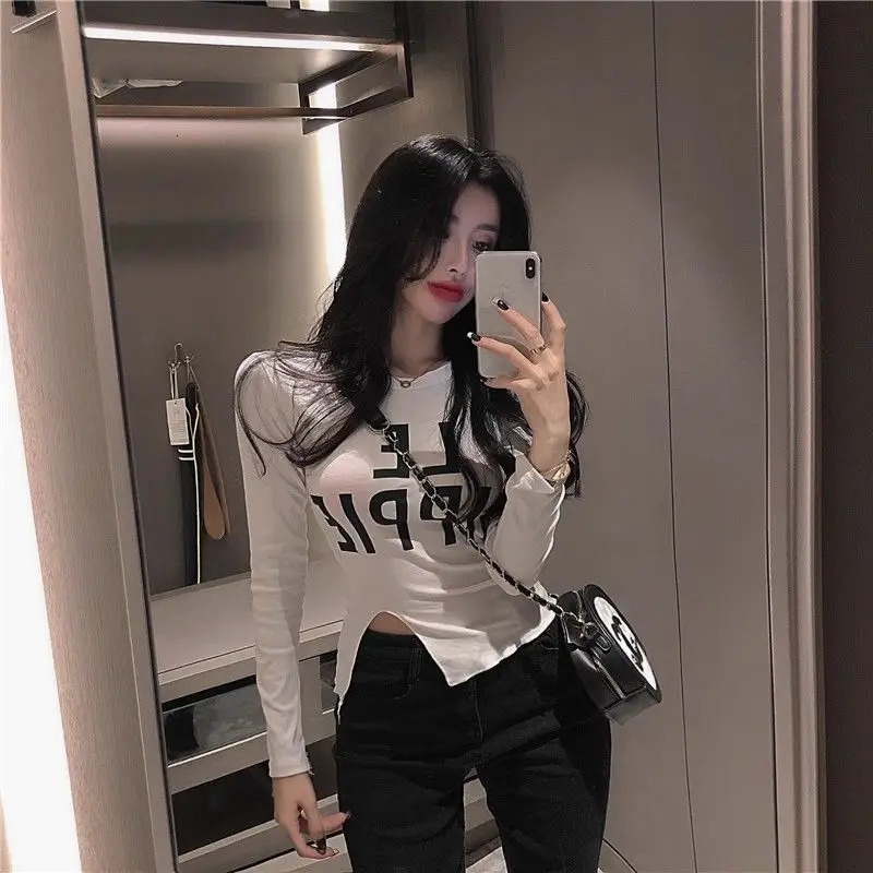Y2K Letter Printing Short T Shirts Spring Long Sleeve Solid Color Slim Split Hem Sexy Tops Tees Fashion Trend Women Clothing 241011