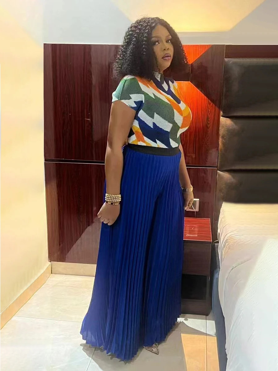 EGRM Miyake Pleated 2 Piece Sets Women Short Sleeve High-End Print Top&Large Size High Waist Folds Wide Leg Pants Set 2024 New