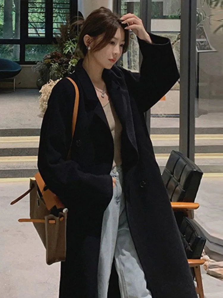 Korean double breasted long jacket for womens casual loose solid collar wool jacket for womens winter full matching chic streetwear 241007