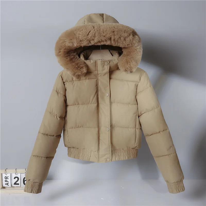 autumn and winter warm cotton jacket womens thick wool lining fur collar long sleeved park 241010