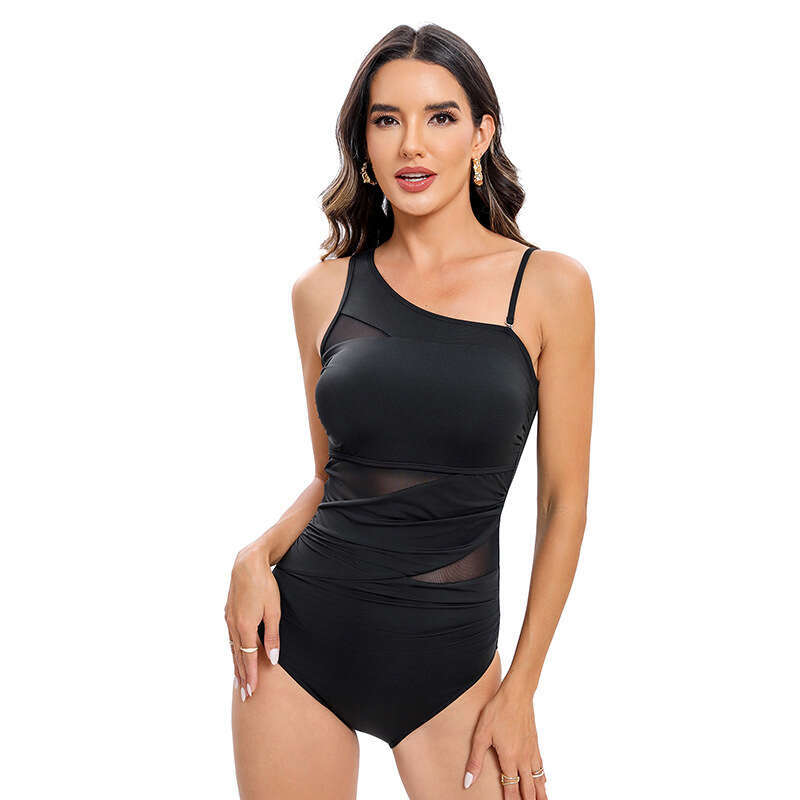 New Fashionable Sexy Bareback Solid Color Mesh Splicing For Slimming And Meat Covering Women's Swimsuit 2024